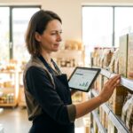 Frau am Regal im Supermarkt mit Tablet, auf dem die mobile Warenwirtschaft aktiv ist