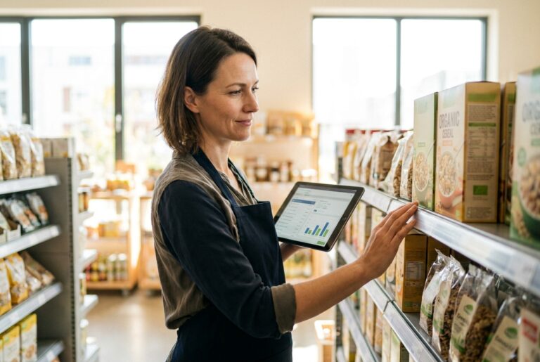 Frau am Regal im Supermarkt mit Tablet, auf dem die mobile Warenwirtschaft aktiv ist