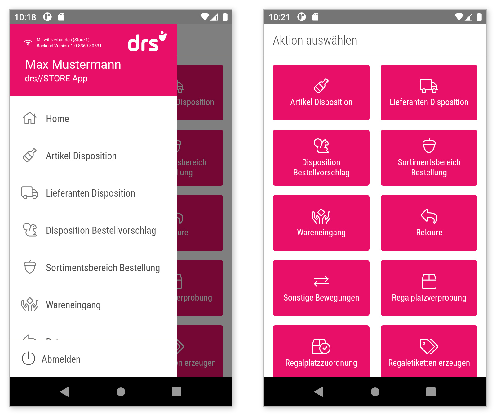 Screenshots aus der drs//STORE Mobile App – Startbildschirm und Menü
