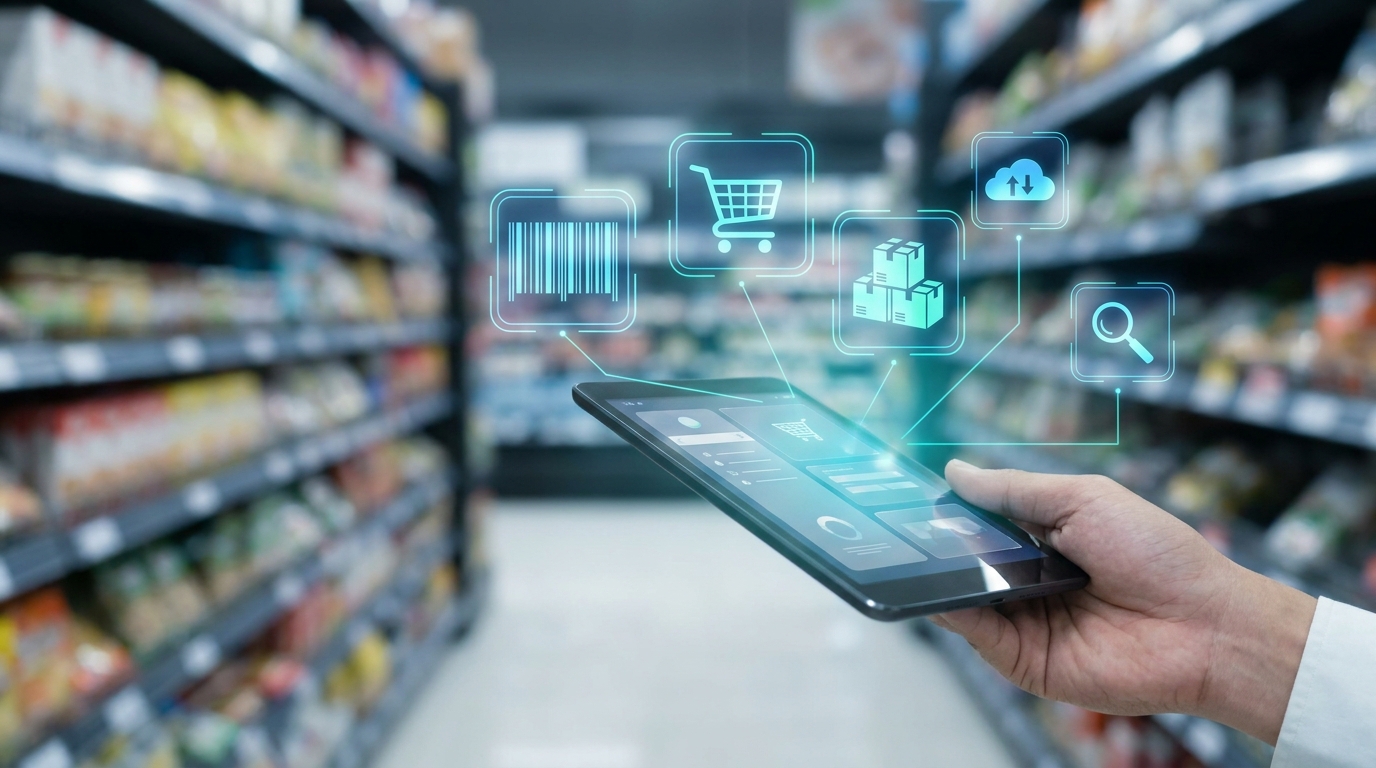 Hand mit Handheld-Gerät im Supermarkt-Gang mit Regalen, auf dem Handheld läuft eine WaWi App